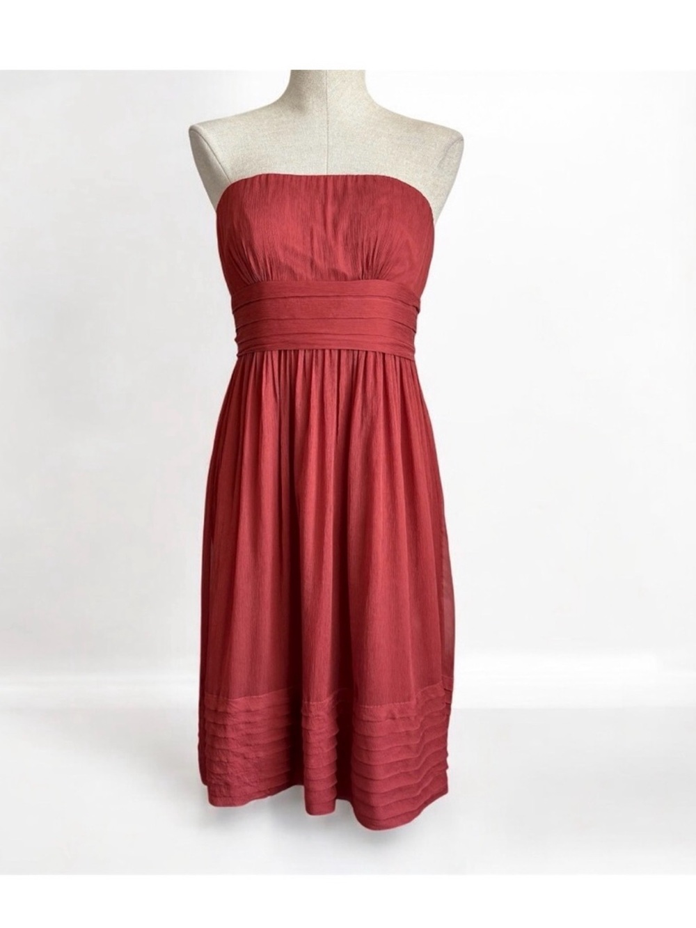 J. Crew Strapless Rust-Red Pleated Waist Sundress
